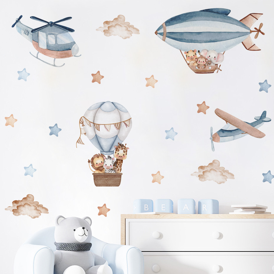Baby Nursery Boy - Aquarel Dieren Luchtballon Wolken Muurstickers voor